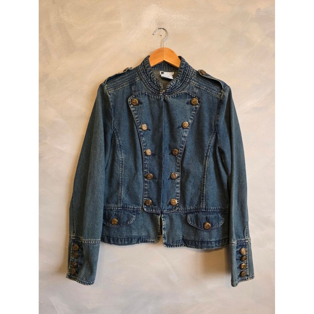 Vtg Carole Little Military Style Denim Jacket Gold Buttons Napoleon Sz 14